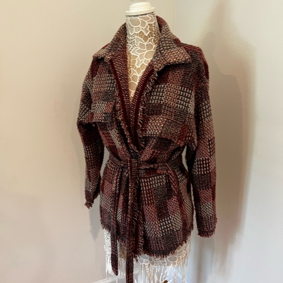 Zara Purple Pink Plaid Oversized Knit Fringe Overshirt Jacket and Skirt Set - Picture 6 of 11